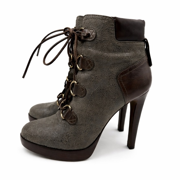 Tory Burch Lawson Bootie Pewter Brown Leather Platform Stiletto Ankle Boots 8.5 - Picture 4 of 17